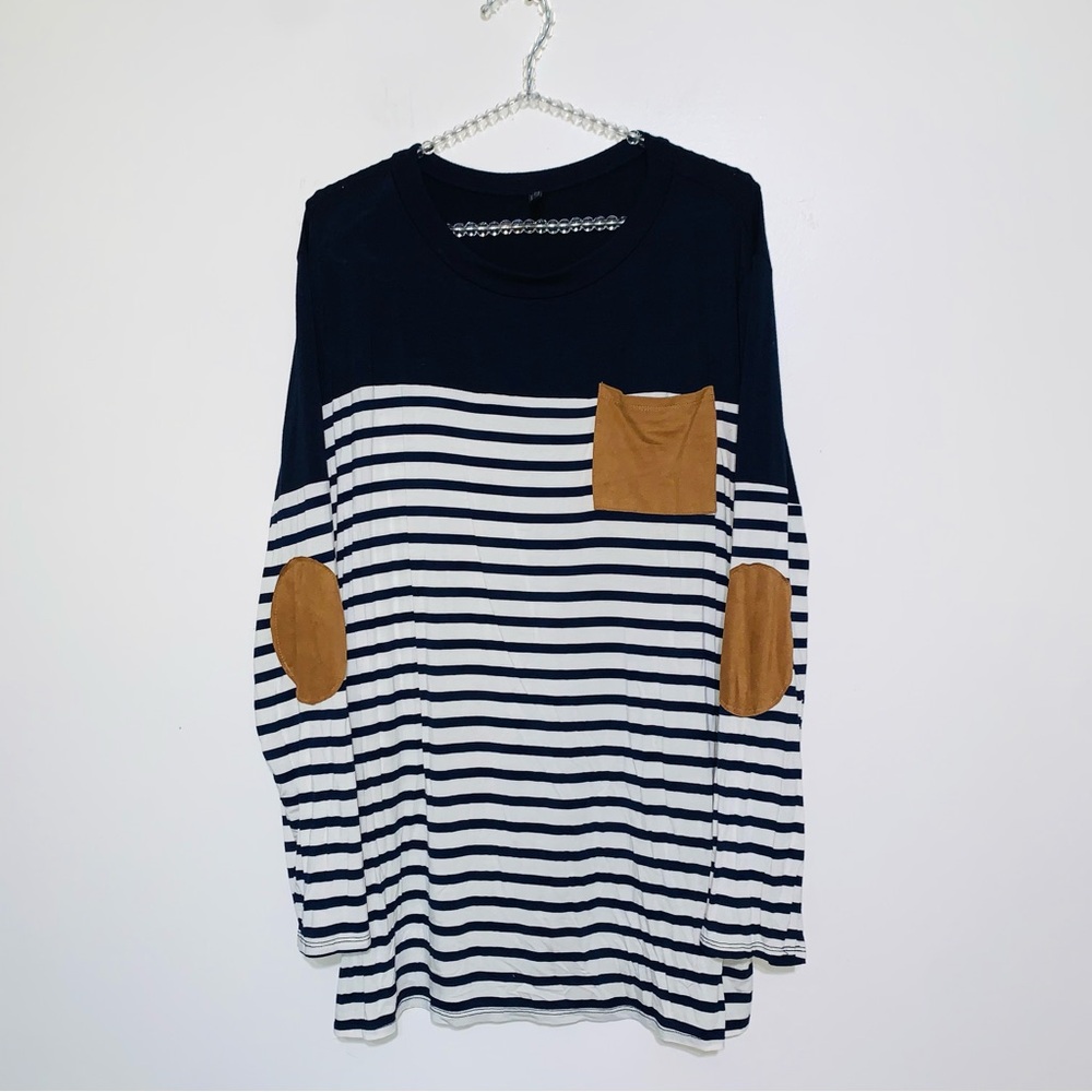 Glitzy Girlz women's long-sleeve striped tee round neck and elbow patches. 2XL